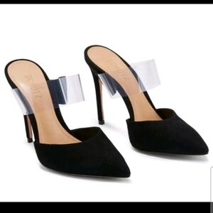Schutz Womens Black Suede Sionne Clear Strap Pointed Toe Sexy Date Night Mule 8